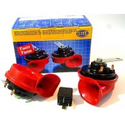 Звуковой сигнал рожок Hella 3FH007424801 12V (500/400 Гц) 2шт + реле (горизонтальный монтаж)